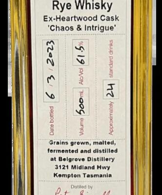 Belgrove Distillery Ex-Heartwood Cask 'Chaos and Intrigue' Rye Whisky (500mL)